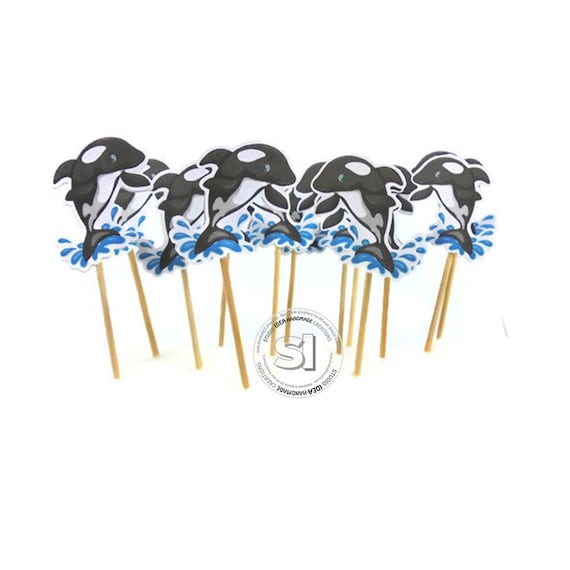 Baby Orca Whale double-sided Cupcake Toppers, Black & White killer whale toppers-Food Picks-Set of 12pcs, 24pcs Il_570xn