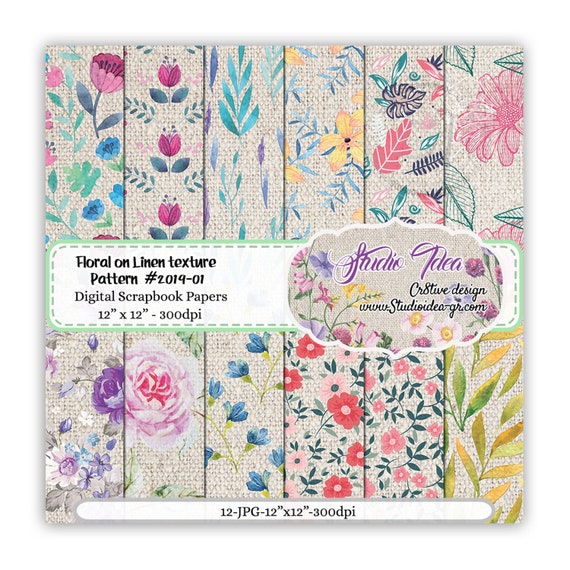 Floral Patterns on Linen Texture Background Digital Scrapbooking Paper 12"x12" - 300dpi-Digital Design Paper-INSTANT DOWNLOAD Il_570xn