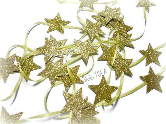 Glitter Gold Star Garland, Double-sided Star Garland on ribbon Il_570xn