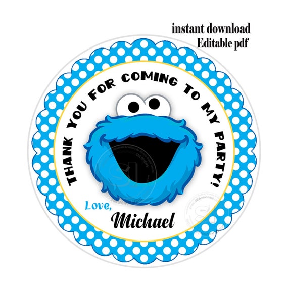 EDITABLE - INSTANT DOWNLOAD-Printable Personalized Monster Cookie Theme Thank you Tag-2.5 in Scallop tag- Stickers- Printable Favor Tag Il_570xn