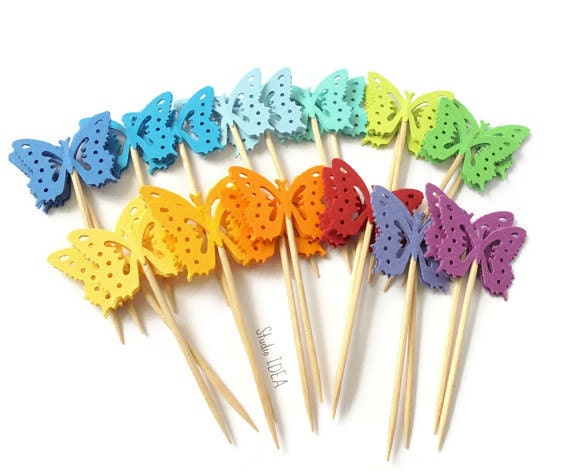 Double sided Rainbow Assorted Monarch Butterfly Cupcake Toppers, Food Picks-Set of 12pcs, 24 pcs Il_570xn