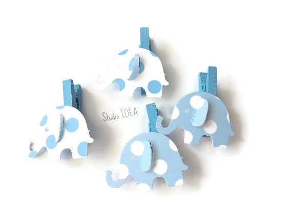 Set of 12 or 24 Blue-White polka dots Mini Clothespins with Elephant Embellishment, Favor Tags, Gift Tags - Set of 12 pcs Il_570xn