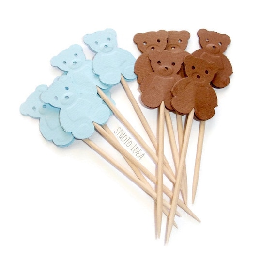 Mixed Baby Blue & Brown Teddy Bear Cupcake Toppers, Food Picks-Set of 24 pcs Il_570xn