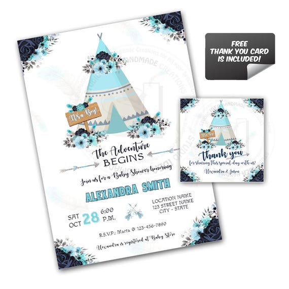 It's A Boy-Baby Shower-Teepee Custom Printable Invitation with FREE Thank you Matching Tag-DIY Digital File-Custom Baby Shower Invitation Il_570xn