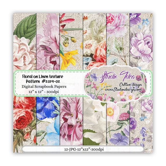 Floral Patterns on Linen Texture Background 02 Digital Scrapbooking Paper 12"x12" - 300dpi-Digital Design Paper-INSTANT DOWNLOAD Il_570xn