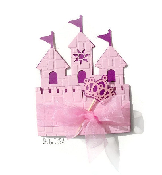 12 Princess Castle Invitation-Card with Crown Wand & Ribbon - CHOOSE YOUR COLORS -Set of 12 Il_570xn