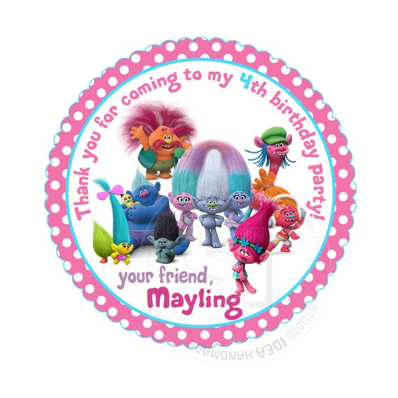 Custom Stickers- Trolls Birthday 2.5" STICKERS-Pink Polka dots Trolls Thank you 2.5" Stickers- Personalized Trolls Stickers 2.5 inches Il_570xn
