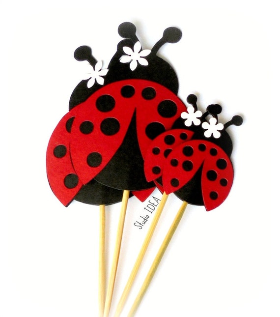 Red-Black Ladybug Cupcake Toppers & Centerpieces- Set of 2 sizes Red-Black lady bug toppers- or Choose Your Colors Il_570xn