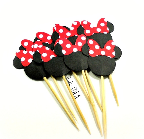 Minnie Head with large Red-White polka dots Bow- Double sided Minnie Head Cupcake Toppers- Minnie Bow, Set of 12pcs, 25pcs Il_570xn