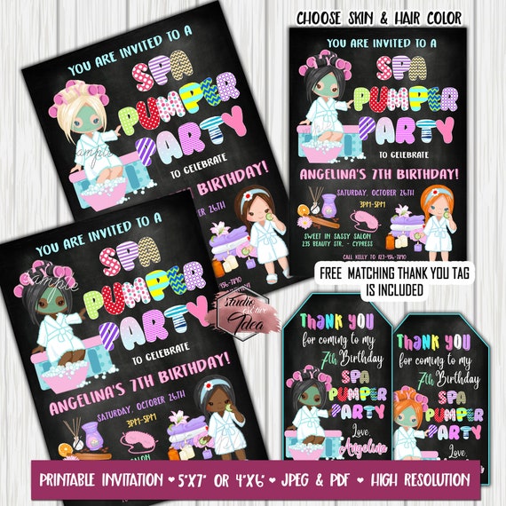 Spa Pumper Girls Birthday Printable Chalkboard style Invitation- Personalized Invitation Birthday invite with FREE Thank you Matching Card Il_570xn