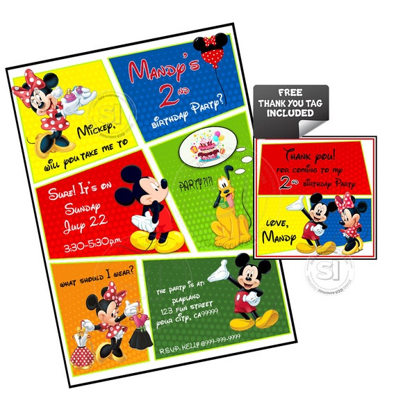 Mickey and Minnie Comic Style-Printable Invitation-Minnie & Mickey Printable 5"x7" or 4"x6"-Birthday Invite with FREE matching Thank you Tag Il_570xn