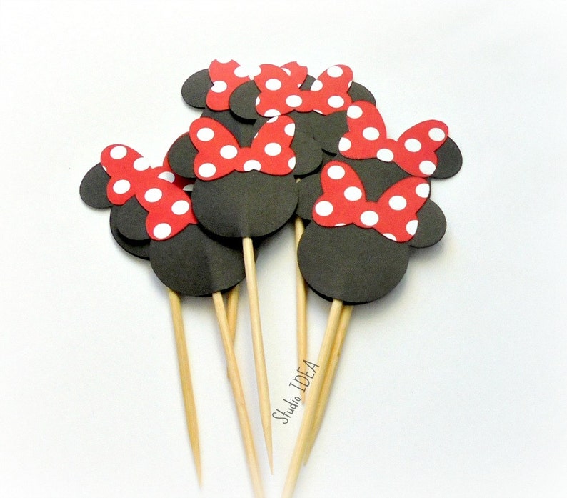 Set of 12pcs 25pcs Double sided Minnie Head Cupcake Toppers Minnie Head with large Red-White polka dots Bow Minnie Bow