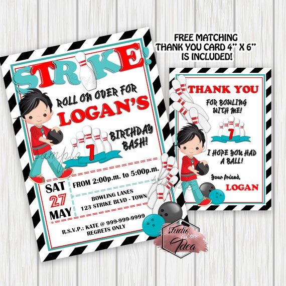 Strike-Bowling - Boys Birthday Printable Invitation- Personalized Birthday invitation with FREE Thank you Matching Card-Printable Invitation Il_570xn