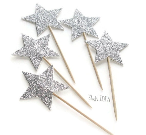 Glitter Silver Star double-sided Cupcake Toppers, Food Picks Il_570xn