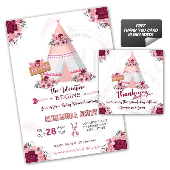 It's A Girl-Baby Shower-Teepee Custom Printable Invitation with FREE Thank you Matching Tag-DIY Digital File-Custom Baby Shower Invitation Il_570xn