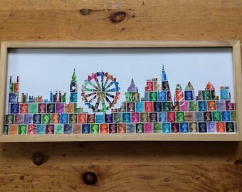 The London Skyline finely cut out of real British Used Stamps on a white background, frame not included.