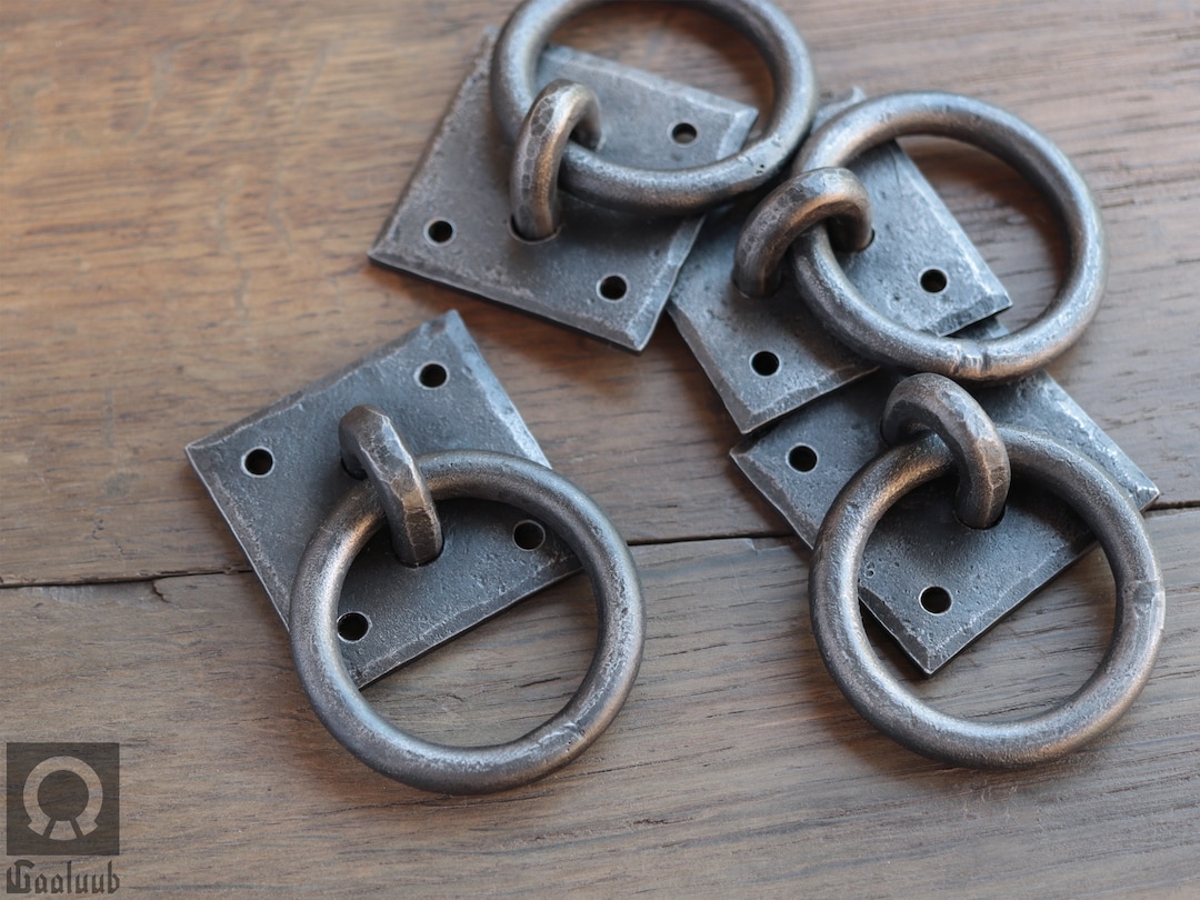 Set of 4 Hand Ring Pull Handles, Wrought Iron Ring Pulls, Rustic