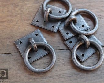 Set of 4 Hand forged ring pull handles, Wrought iron ring pulls, Rustic cabinet door hardware, Bdsm furniture tie down rings