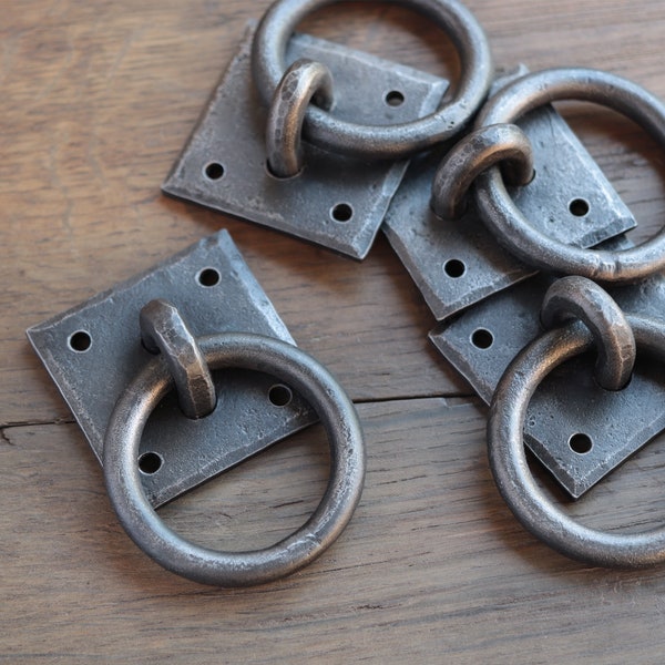 Set of 4 Hand forged ring pull handles, Wrought iron ring pulls, Rustic cabinet door hardware, Bdsm furniture tie down rings