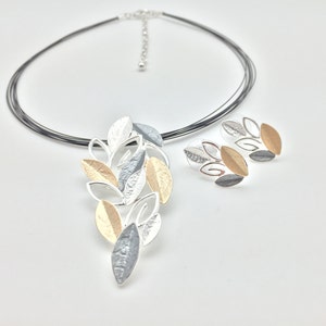 Leaf Necklace with Earrings // Gold Silver and Rhodium Plated Brass // 16&quot;w3&quot;Extension // Ask About Wholesale