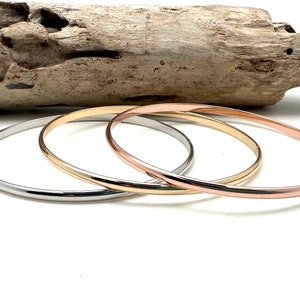 Tri Color Trio Bangle Skinny / Mix Metal Bangle Set / All Shiny Rose, Gold, Silver Bracelets / 65mm Diameter 6.5” to 7” Bangle / Gold Fill