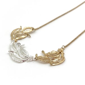 Two-tone Gold and Silver Feather Necklace // Matte Gold and Silver // Lightweight Statement // Delicate Feather Necklace // 16&quot; plus 3&quot;