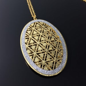 Gold and Silver 3 Dimensional Oval Necklace with Pave Sparkle // Laser Cut // Tarnish Free // 18&quot;w2&quot;Extension // Ask About Wholesale