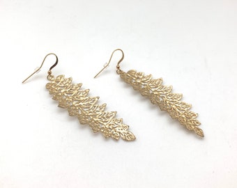Gold Leaf Earrings // Matte Gold Long Leaf // Gold Fern // Lasercut // Lightweight // Hypoallergenic// Tarnish Free // Nickel Free