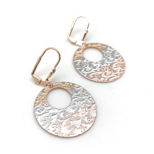 Tricolor Leaf Disk Earrings// Rose Gold, Gold, Silver Earrings // Circle Etched Earrings // 18k Goldfill // Non Tarnishing // Hypoallergenic