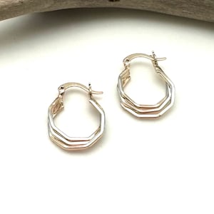 Tricolor Hoop Geometric Hoops 20mm // Geometric Gold Hoops // Geometric Hoops // Rose Gold, Gold, Silver Earrings // 18k Goldfill