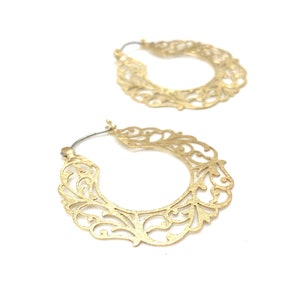 Gold Lace Hoops // Brushed Gold Lacy Earrings // Gold Filigree // Swirl Hoops // Gold Leaf plated Brass // Hypoallergenic non Tarnishing