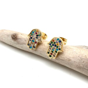 Gold Hamsa Post Earrings 10mm // Rainbow Hamsa Stud Earrings // Hand of God 18k Goldfill // Hypoallergenic