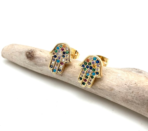 Gold Hamsa Post Earrings 10mm // Rainbow Hamsa Stud Earrings