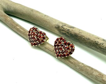 Red Ruby Crystal Heart Studs, 18k Goldfill Earrings