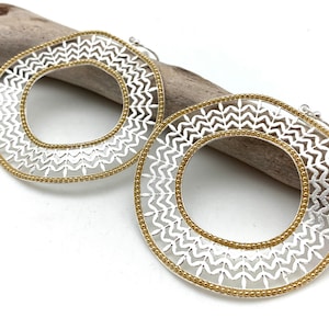 Silver and Gold Circle Earrings / Large Two Tone Wavy Circle  Earrings 55mm / Lasercut Gold and Silver / Silver and Gold Plated Over Brass