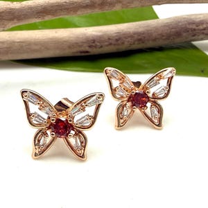 Butterfly Ruby Crystal Stud Earrings, Gold Fill, Nature Gift, 20mm, 132