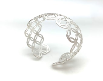 Silver Cuff Bracelet, Sashiko Mandala Flower, Hypoallergenic Brass