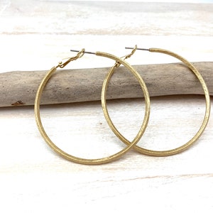 Gold Skinny Hoops // 2 Inch Matte Gold Hoops // Brushed Gold // Light weight // 18K Gold Plate Brass // Tarnish Free // Steel Ear Wires