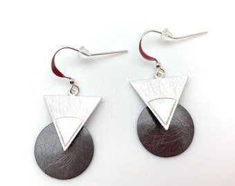 Silver and Black Geometric Earrings // Brushed Finish // Tarnish Resistant // Steel Ear Wires // Fashion Hoop Earrings