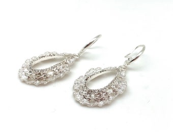 Silver Lace Earrings with Crystal // Silver Brocade Earrings // Non Tarnish Hypoallergenic // Surgical Steel Ear Wires