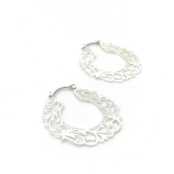 Silver Lace Hoops // Matte Silver Swirl Hoops // Brushed Silver Lace Earrings // Post Silver Earrings / Laser Cut Silver / Silver Leaf