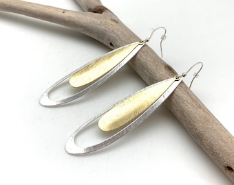 Silver Gold Long Teardrop Earrings 70mm // Two Tone Earrings // Lightweight Earrings // Tarnish Free // Stainless Steel Ear Wires