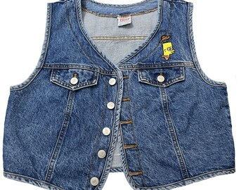Vintage Cowboy Simpson Fandom Embroidered Repurposed 90s Cartoon Grunge Bongo Denim Vest Upcycle
