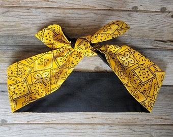 Country Rodeo Tossed Yellow Bandana Print, Vintage Inspired Head Scarf, Retro Head Wrap, Rockabilly Bandana, Pinup Bandana, Cowgirl Bandana