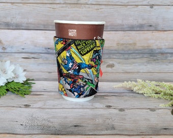 Superhero Cup Cozy, Superhero Coffee Cozy, Fabric Coffee Sleeve Cozy, Superhero Coffee Sleeve, Coffee Cup Cozy, Beverage Sleeve, Cup Warmer