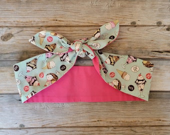 Ice Cream Bandana, Sundae Pinup Bandana, Dessert Bandana, Vintage Inspired Hair Tie, Retro Head Wrap, Rockabilly Bandana, Pinup Head Scarf