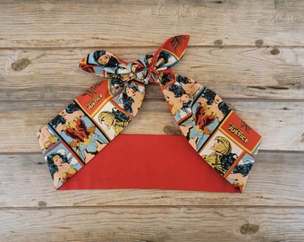 Superhero Bandana, Vintage Inspired Hair Tie, Retro Head Wrap, Superhero Head Scarf, Rockabilly Bandana, Pinup Bandana, Comics Bandana