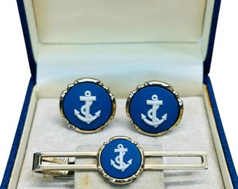 Vintage wedgwood blauwe jaspermanchetknopen en stropdasclip ankerontwerp nautisch cadeau voor hem