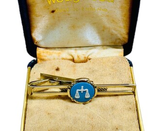 RARE Vintage Wedgwood Blue Jasperware Libra Tie Clip Zodiac Birthday Gift with Box