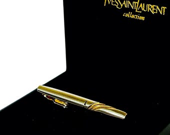 Vintage Yves Saint Laurent YSL Spinka do krawata Złoto Srebro Logo Cassandre w pudełku